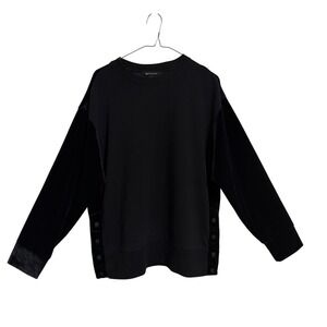 Athleta Womens Black Velvet Sleeve Side Snap Crew Neck Sweatshirt Size M